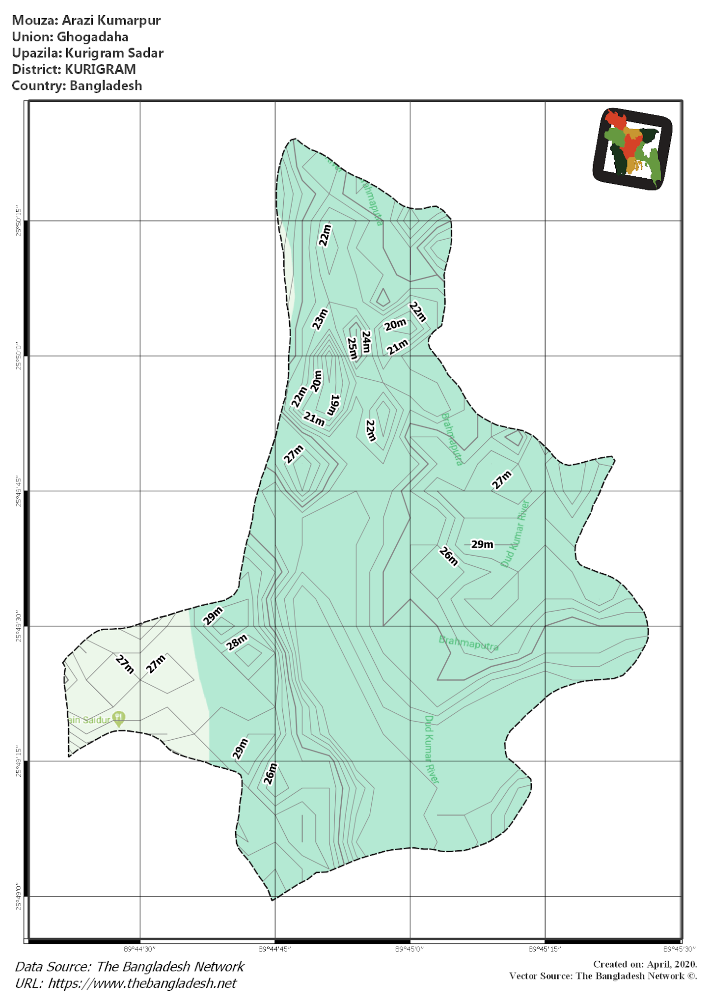 Map of Arazi Kumarpur Mouza of Kurigram Sadar Upazila, KURIGRAM, Bangladesh.