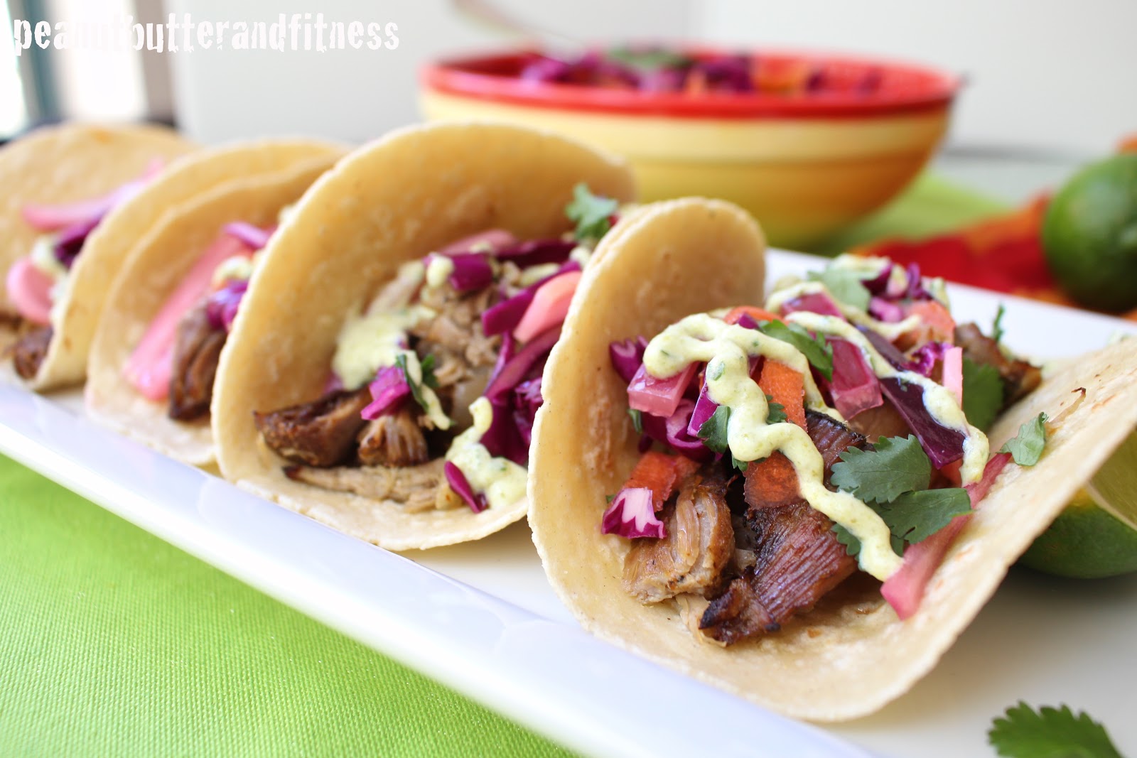 Carnitas Tacos with Red Cabbage Slaw and Poblano Cream Sauce Peanut