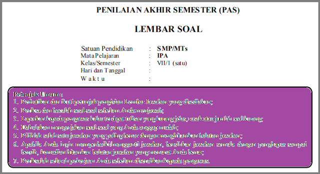 Soal UAS IPA Kelas 7 Semester 1 Dan Kunci Jawaban ( Tahun
