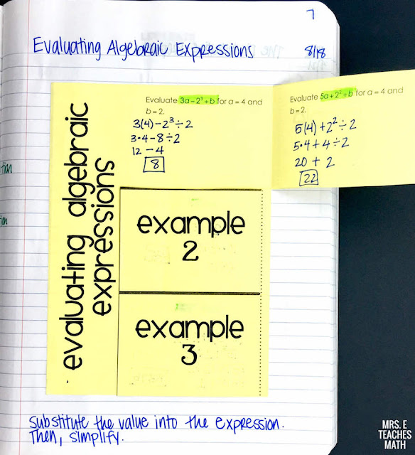 These interactive notebook notes for order of operations and evaluating algebraic expressions are perfect for algebra or pre-algebra students.  The foldable has lots of examples too.  It will work for middle school or high school. 