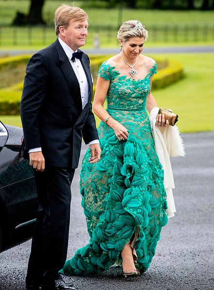 Queen Maxima wore a green lace gown by Jan Taminiau. Lace dress by Dutch designer Jan Taminiau. Green diamond earrings, tiara, necklace