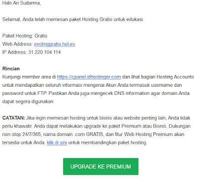 Cara daftar domain dan hosting gratis di IdHostinger email dari IdHostinger