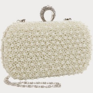 MG Collection White Pearls Hard Case Clutch Rhinestone Ring Clasp Evening Bag