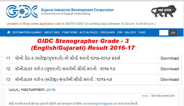 GIDC Stenographer Result 2017-18 Grade III (English / Gujarati) gidc gujarat gov in 