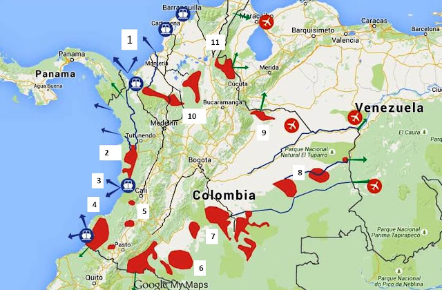 Map of illegal drug production and smuggling in Colombia.