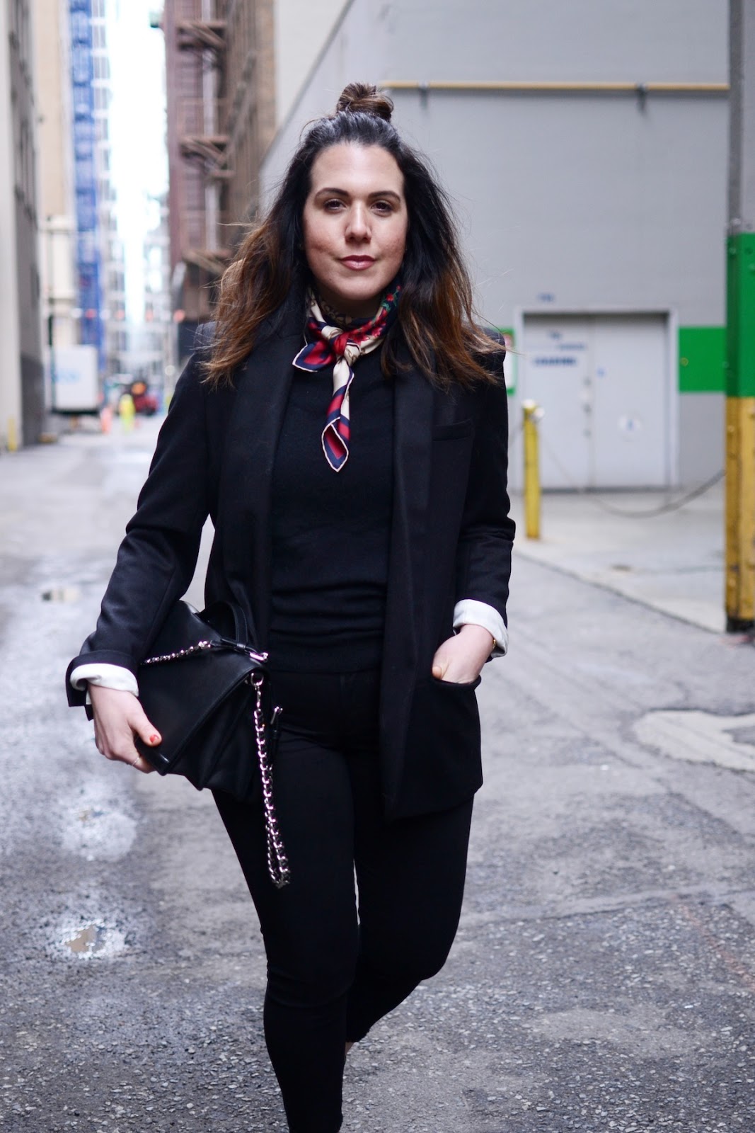 Isabel Marant blazer outfit Gucci scarf vancouver fashion blogger Moschino chain bag