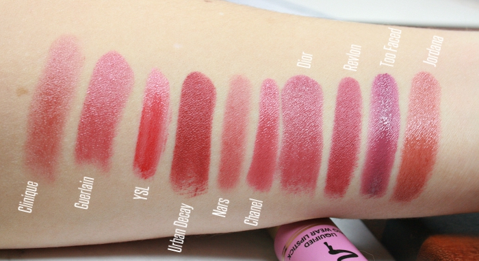 swatches clinique fuller fig guerlain 06 ysl grab me red urban decay hitch hike nars dolce vita chanel rose violine dior LA pink revlon sultry too faced melted fig jordana terra crave