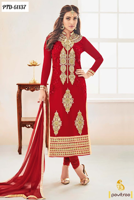 Indian Bollywood Film Actress Celebrity Neha Sharma In Red Color Party Wear Churidar Salwar Suits Online Collection with Discount Offer Rates Prices