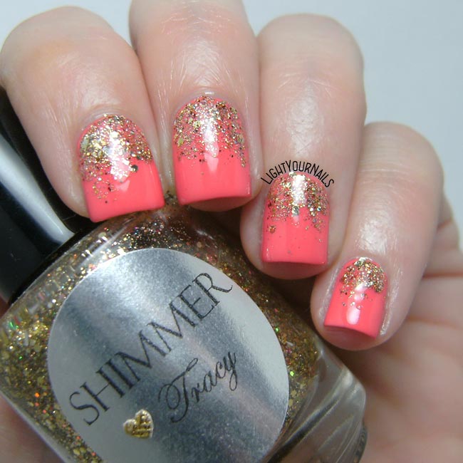 Coral and gold glittery gradient nail art