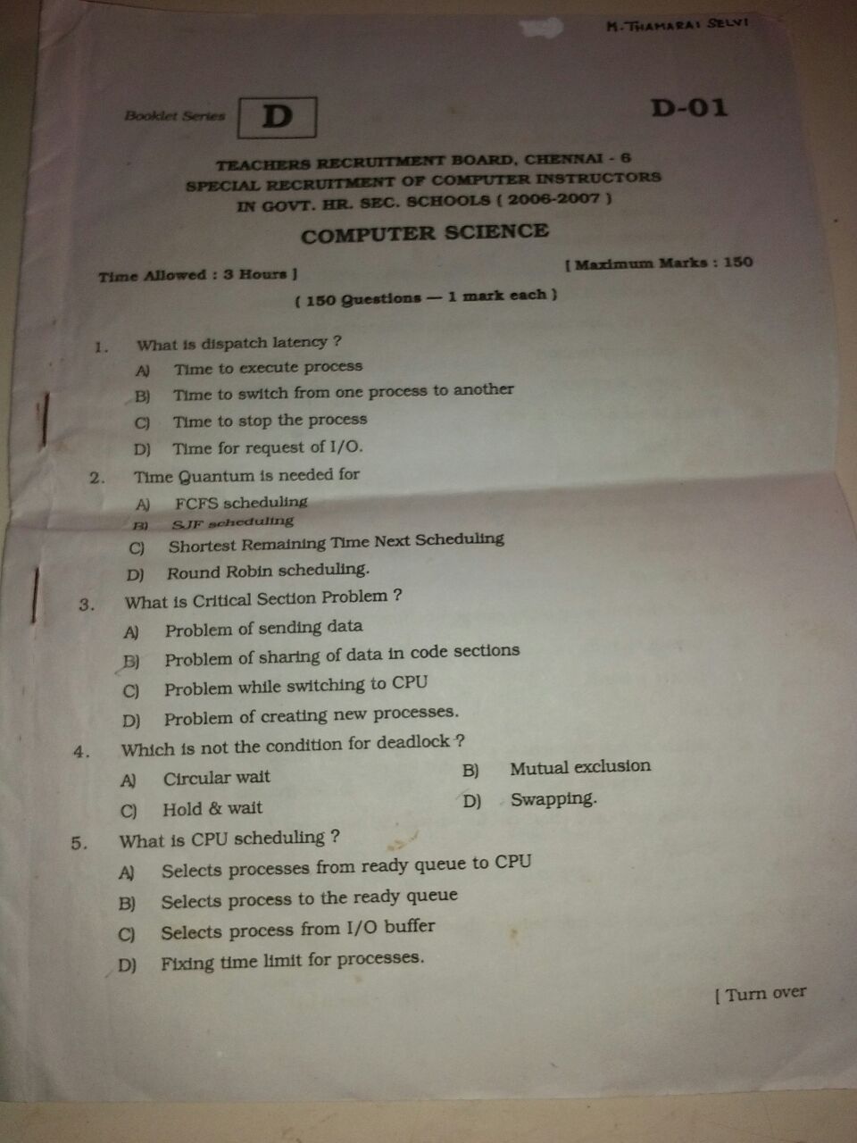 TRB COMPUTER SCIENCE ORIGINAL QUESTION PAPER FULL DOWNLOAD (PDF File