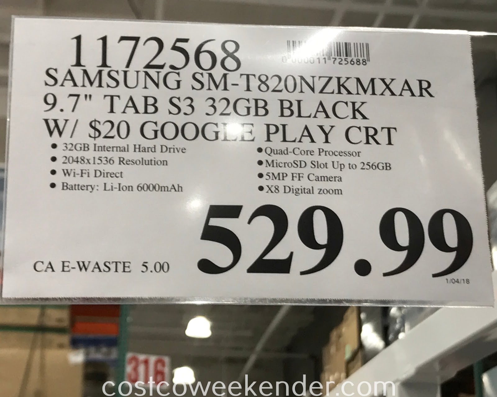 Samsung Galaxy Tab S3 (SMT820NZKMXAR) Costco Weekender
