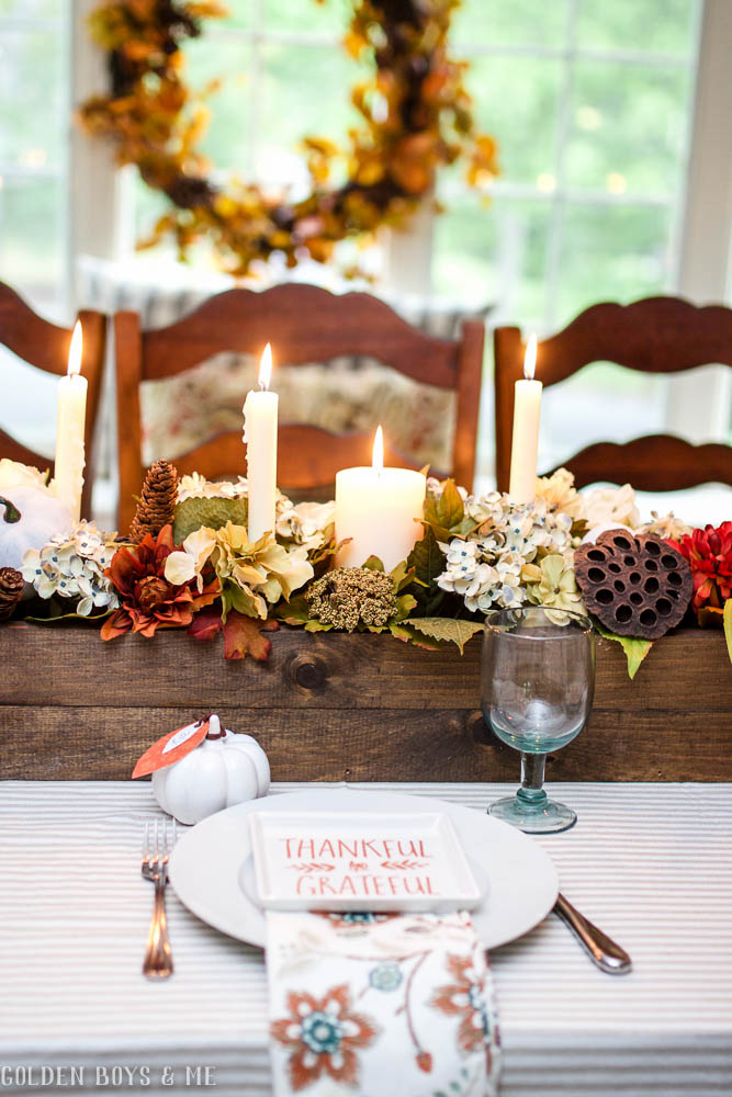 DIY rustic wooden centerpiece in fall dining room