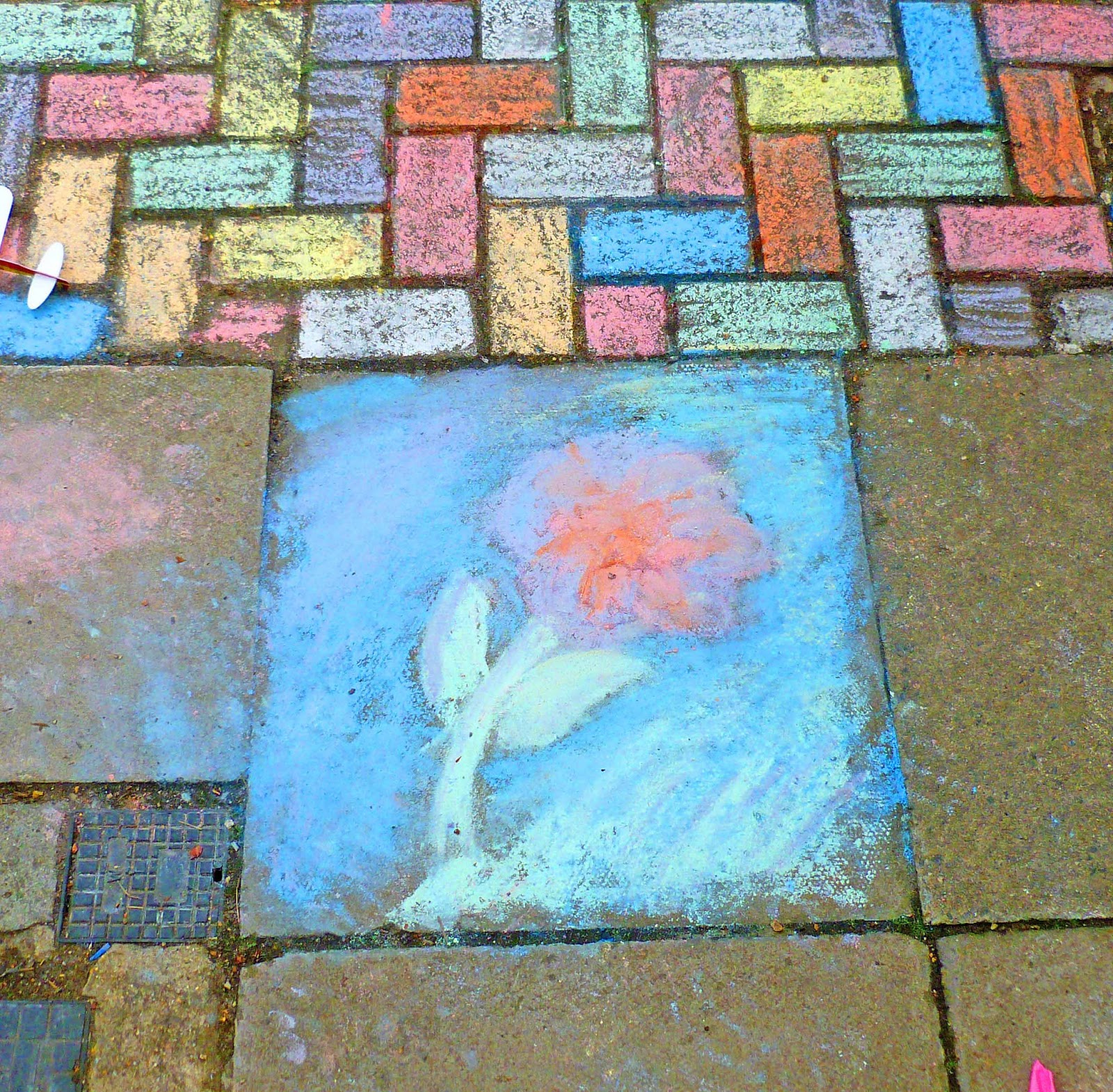 Photo of a mauve and coral flower chalked onto a pavement