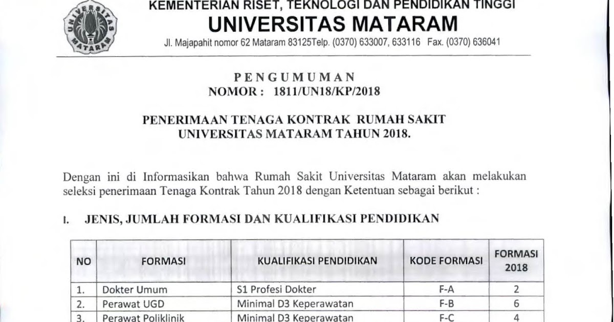 Lowongan Kerja Tenaga Kontrak Rumah Sakit Unram (92 ...