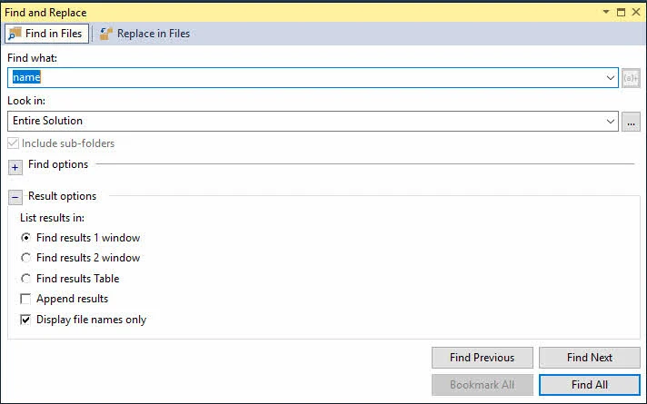 Visual Studio 'Find and Replace' dialog window
