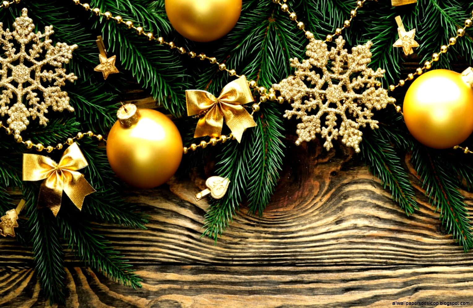 Christmas Balls Gold Snowflakes Stars Branches Spruce New Year Hd Wallpaper