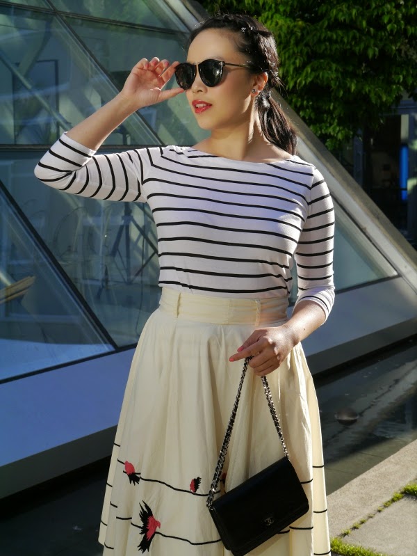 Breton stripes, bird-embellished midi skirt, Chanel