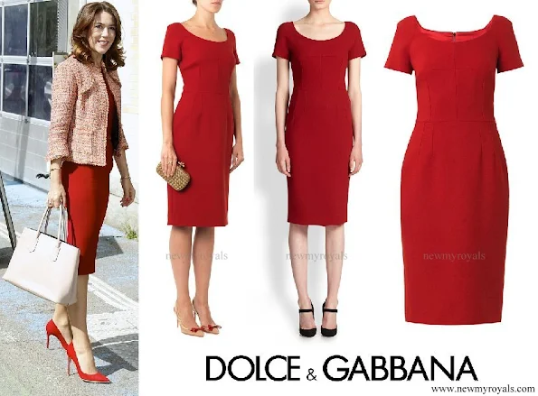 Crown Princess Mary wore Dolce and Gabbana red scoop neck wool crepe dresss