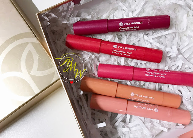 a photo of Yves Rocher Radiant Lip Crayons Review in shades Rose Clair, Corail Doux, Rose Sorbet, Rouge Flamboyant and Pourpre Lumineux