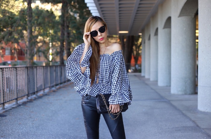 Chicwish ruffled off shoulder top, blank denim faux leather pants, dolce vita porter booties, chanel bag, kendra scott necklace, street style, nyc blogger