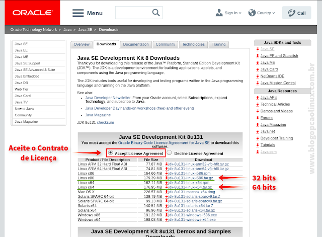 Página de download do Oracle Java SE Development Kit (JDK)