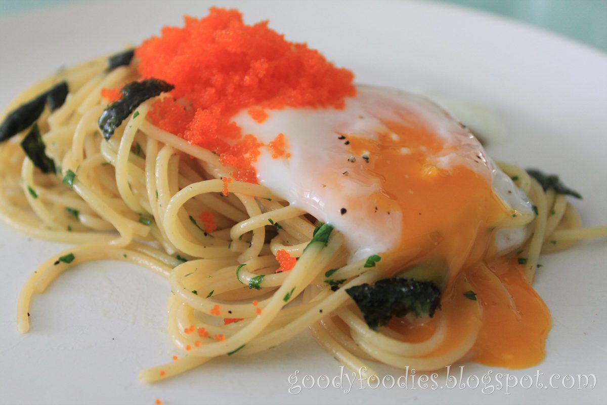 GoodyFoodies Quick Lunch Spaghetti with Soft Boiled Egg and Ebikko