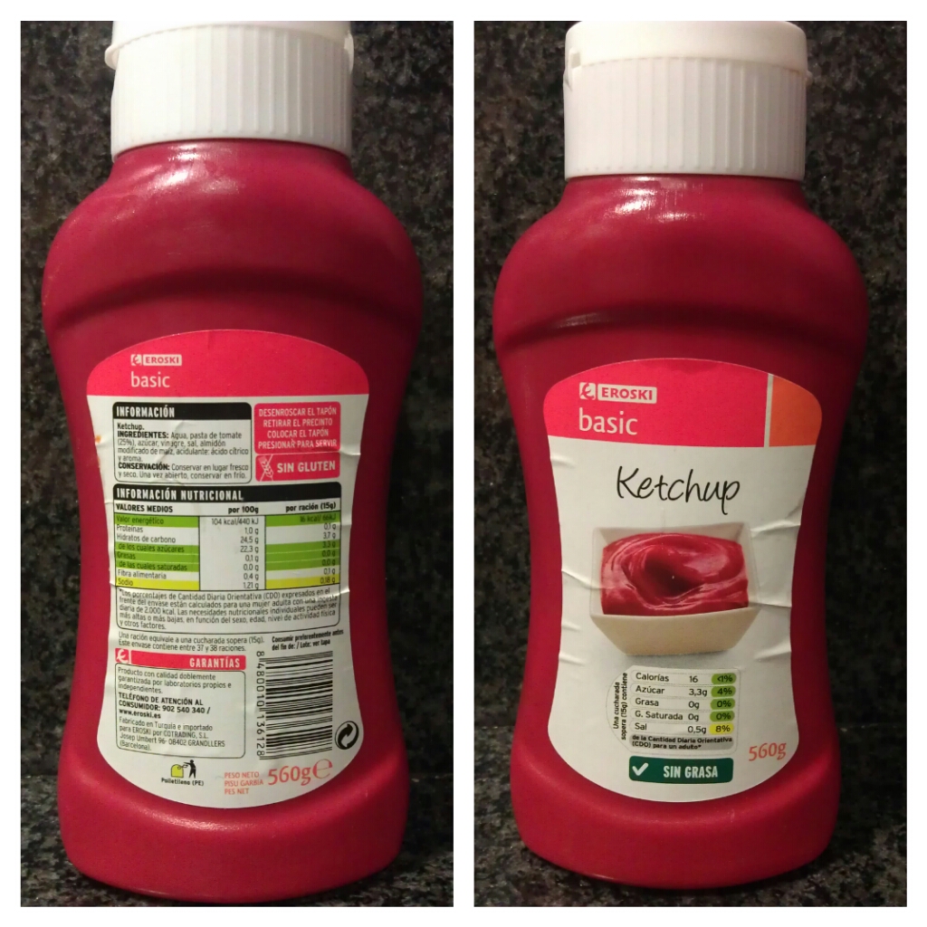 Sin Gluten / Sin Lácteos Salsa "Ketchup" marca Eroski.