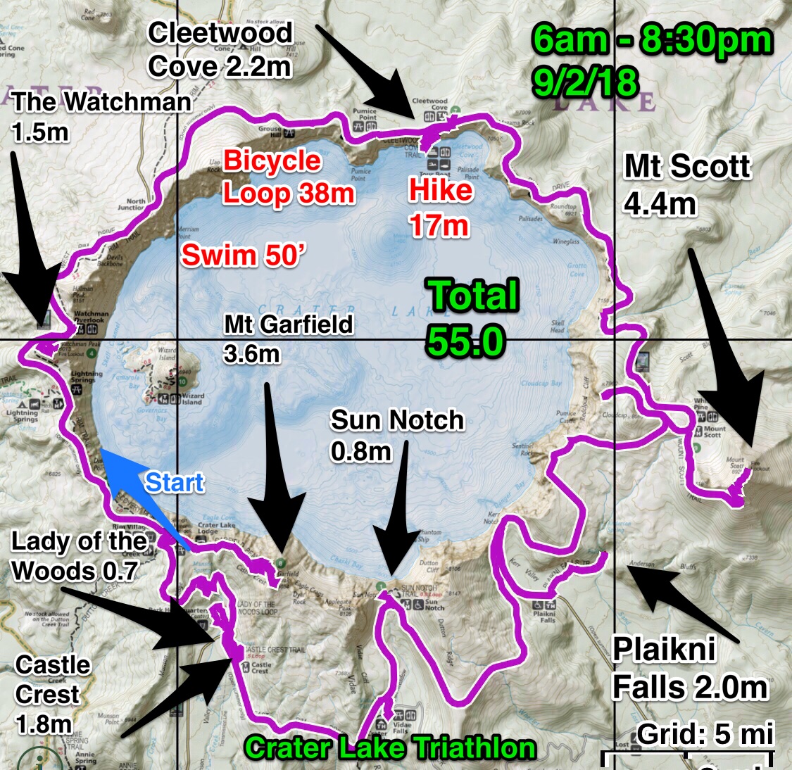 Crater Lake Hiking Map Goaltechhikes Crater Lake Triathlon 360 Loop - Swim-Bike-Hike - Oregon  Hikers