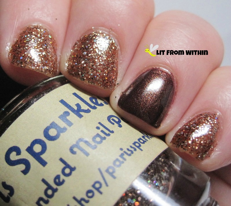 Priti NYC Lady Killer Crocus, a shimmery brown, and Paris Sparkles Chataigne, a bronze/brown/gold glitter