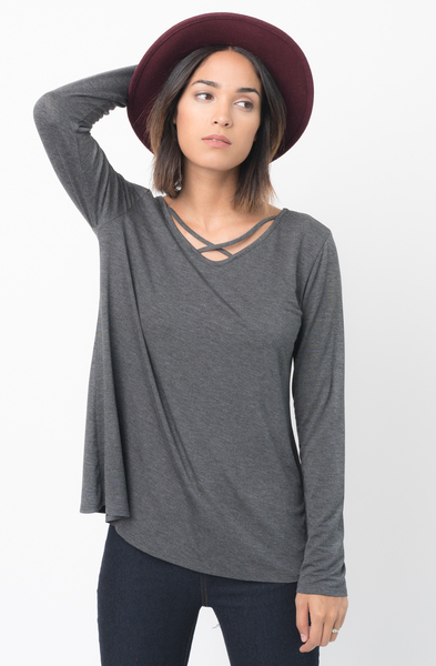 Shop for Charcoal Long Sleeves Cross Front Neckline Tee Jersey Tunic Online - $30 - on caralase.com