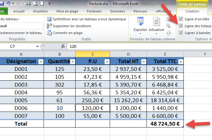Ajouter ligne des totaux Ajouter ligne des totaux