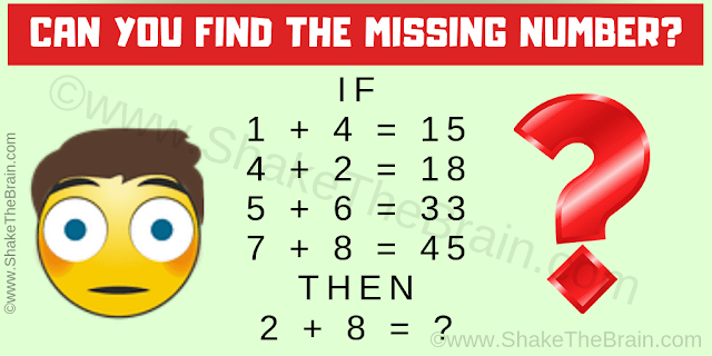 IF  1 + 4 = 15,  4 + 2 = 18,  5 + 6 = 33 and  7 + 8 = 45  THEN  2 + 8 = ?. Can you Crack the Code?