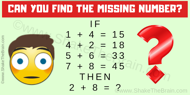 IF  1 + 4 = 15,  4 + 2 = 18,  5 + 6 = 33 and  7 + 8 = 45  THEN  2 + 8 = ?. Can you Crack the Code?