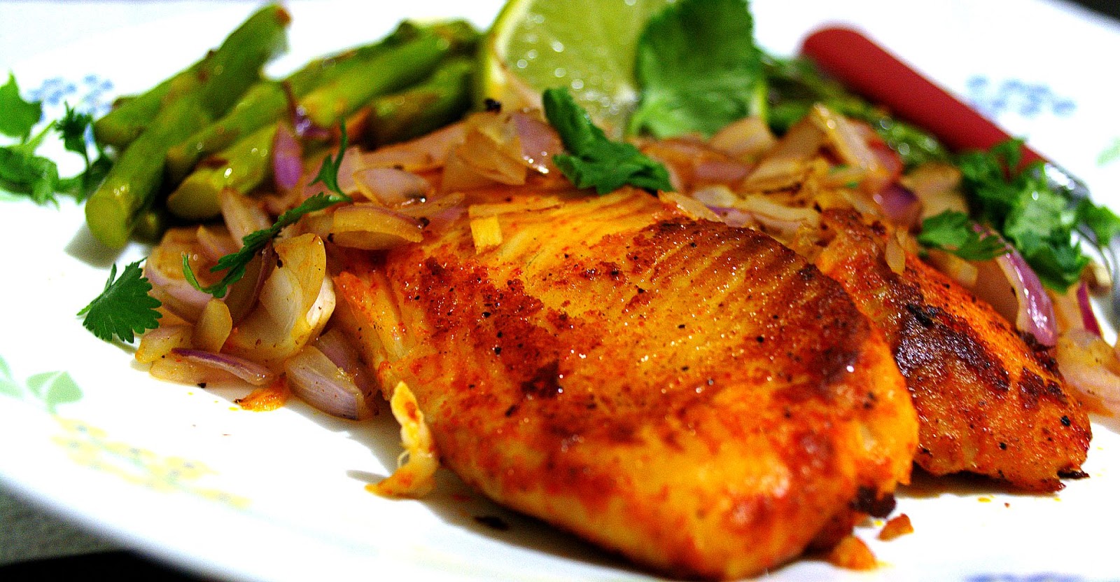 Tilapia with Asparagus stir fry and Sauteed onions Sowmia's Galley