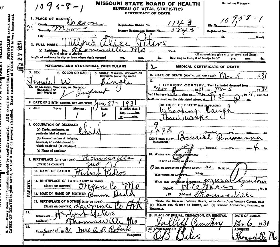 to Genealogy By Ginger! Mildred Alice Peter's Death Certificate