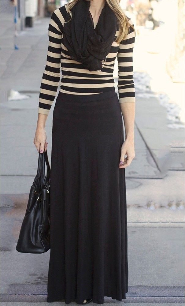 Women's fashion | Striped top, black infinity scarf and maxi skirt | Just a Pretty Style