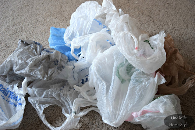 Plastic grocery bags to use to as stuffing for a pouf - One Mile Home Style