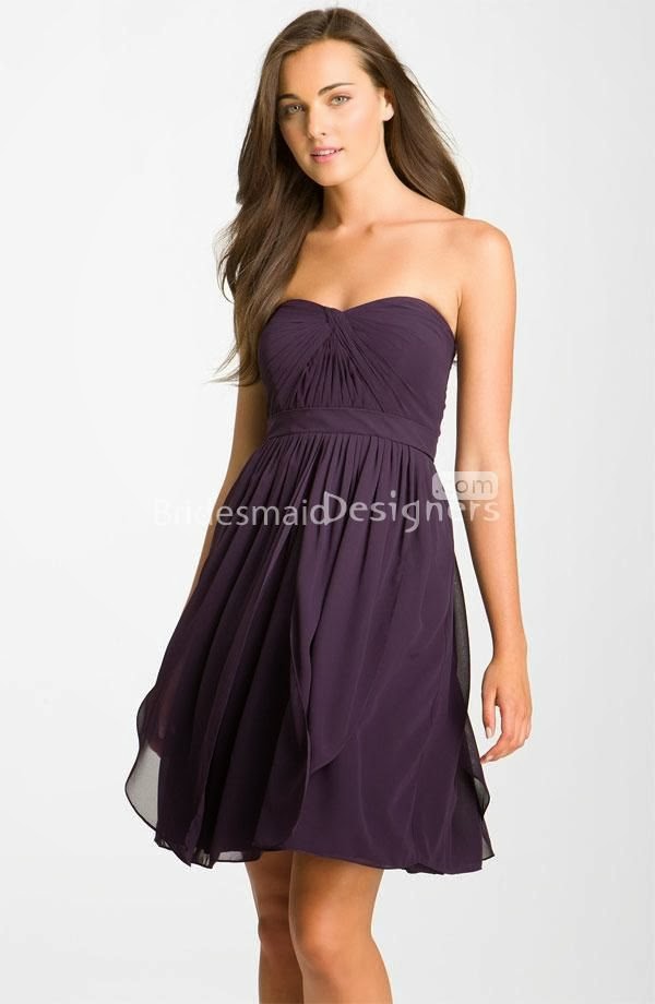 Eggplant Chiffon Strapless A-line Short Above Knee Length Bridesmaid Dress