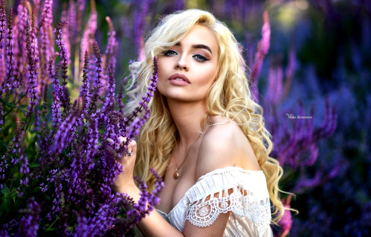 Wallpaper grass look flowers model portrait makeup dress