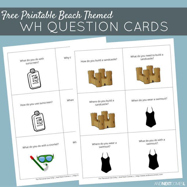 Free printable beach themed WH question cards for kids to work on speech and language skills from And Next Comes L