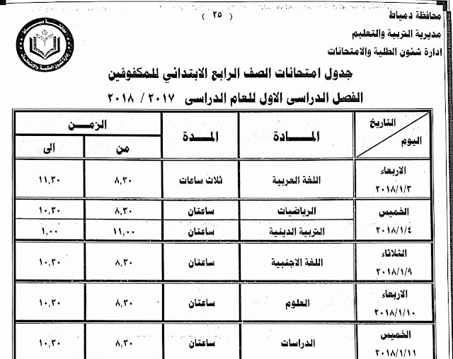 جداول امتحانات محافظة دمياط الترم الأول 2018  24293898_1500771073325903_3392070517553914859_n