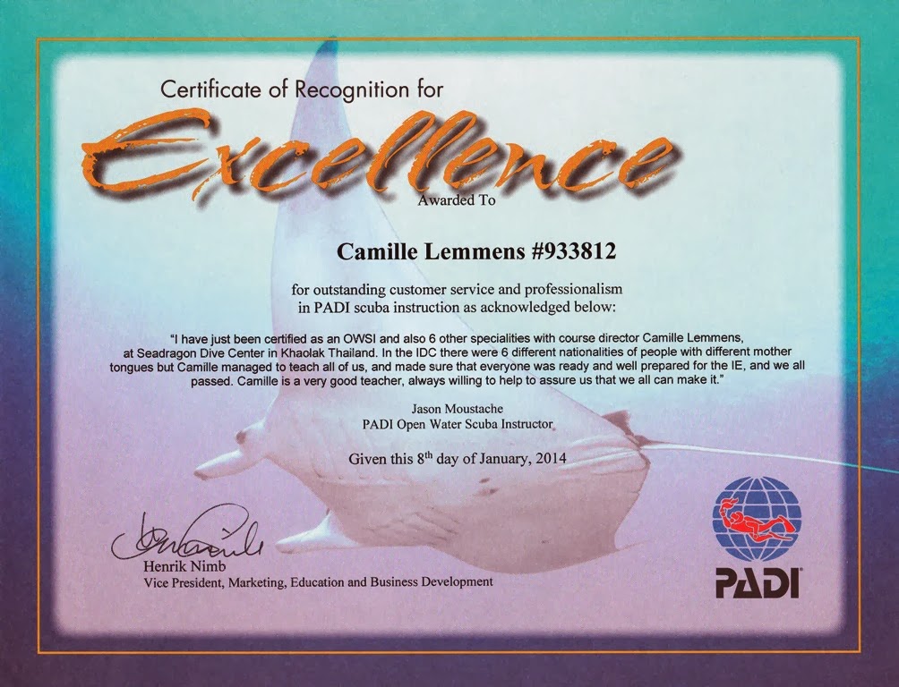 PADI Certificate of Recognition for Excellence from Jason Moustache