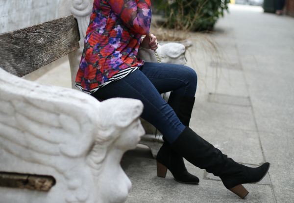 floral top, rebecca minkoff bag, black boots, style on a budget, mom style