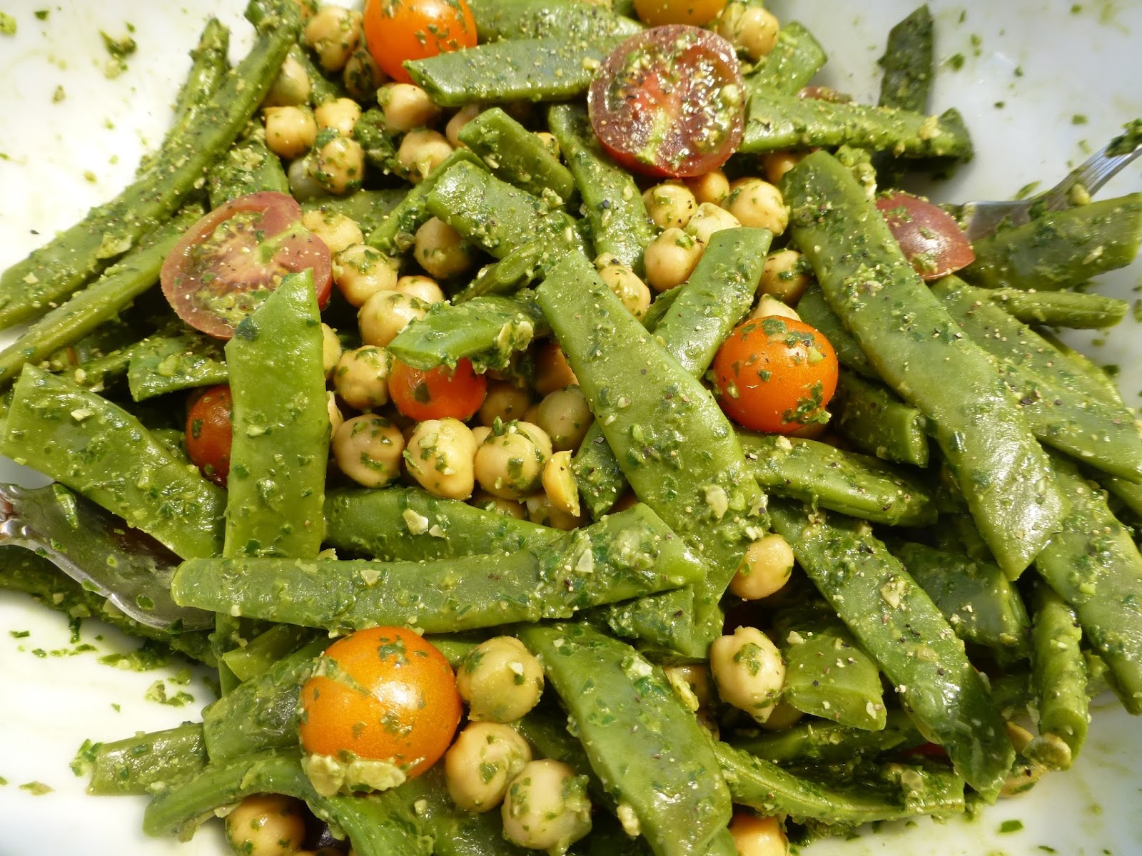 Foods For Long Life Romano Green Bean And Garbanzo Bean Salad With Basil Pumpkin Seed Pesto And
