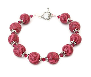 Burgundy Rose & Swarovski Bracelet handmade from polymer clay Valentine Gifts & Jewellery