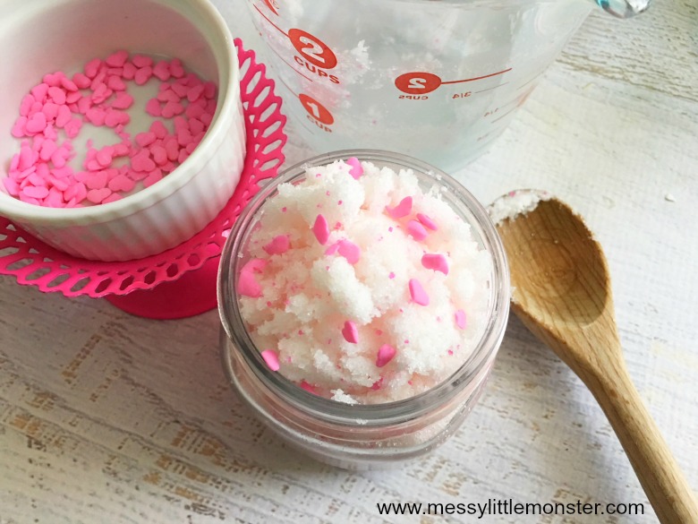 Easy homemade sugar scrub. Follow our easy instructions to find out how to make a DIY sugar scrub.  The addition of hearts makes it perfect as a homemade gift for Valentines Day or Mothers Day. 