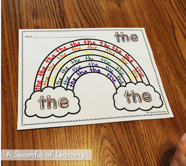 A completed sight word rainbow for the word "the"