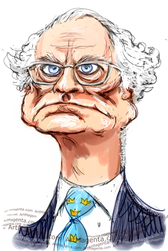 Carl XVI Gustaf, king of Sweden, caricature cartoon. Portrait drawing by caricaturist Artmagenta