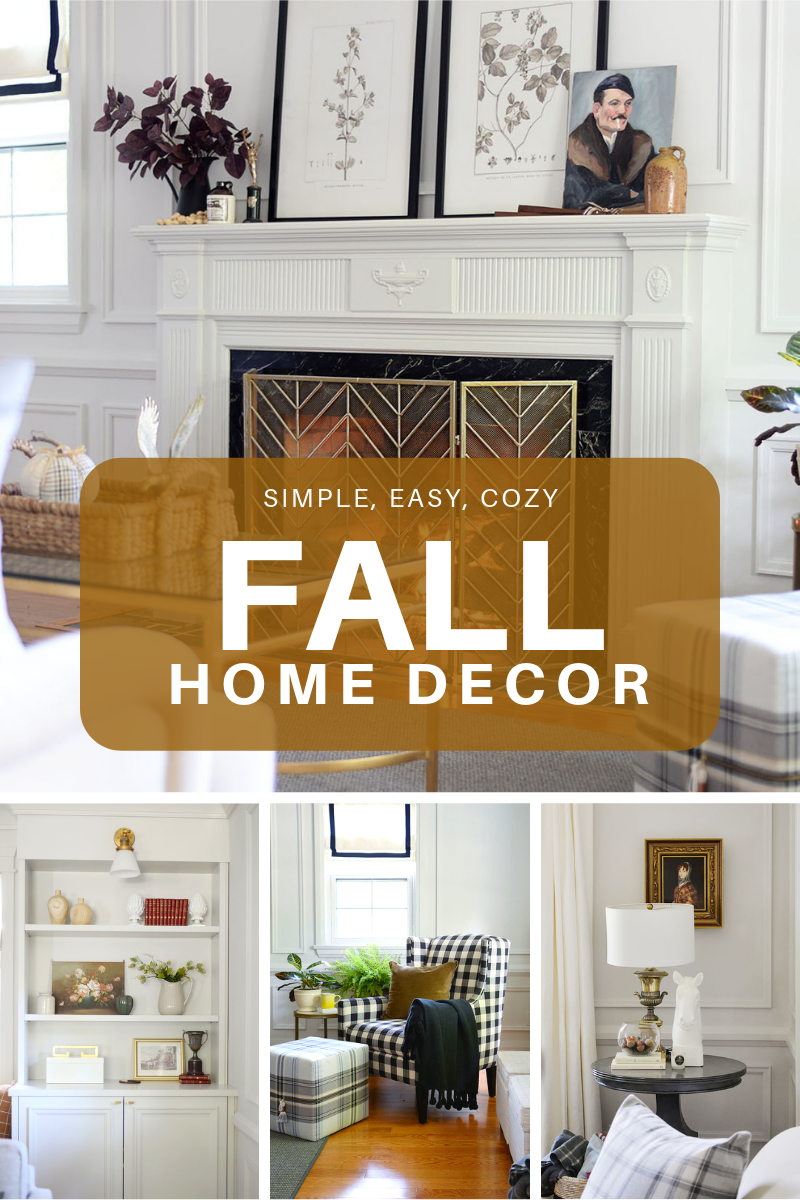 fall living room, fall home decor, fireplace mantel, fireplace with screen, buffalo plaid chair