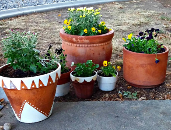 Painted terracotta flower pots